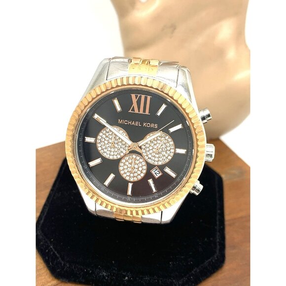 Michael Kors Men's Watch MK8714 Quartz Chronograph Black Dial Tri-Color Steel - Picture 1 of 15